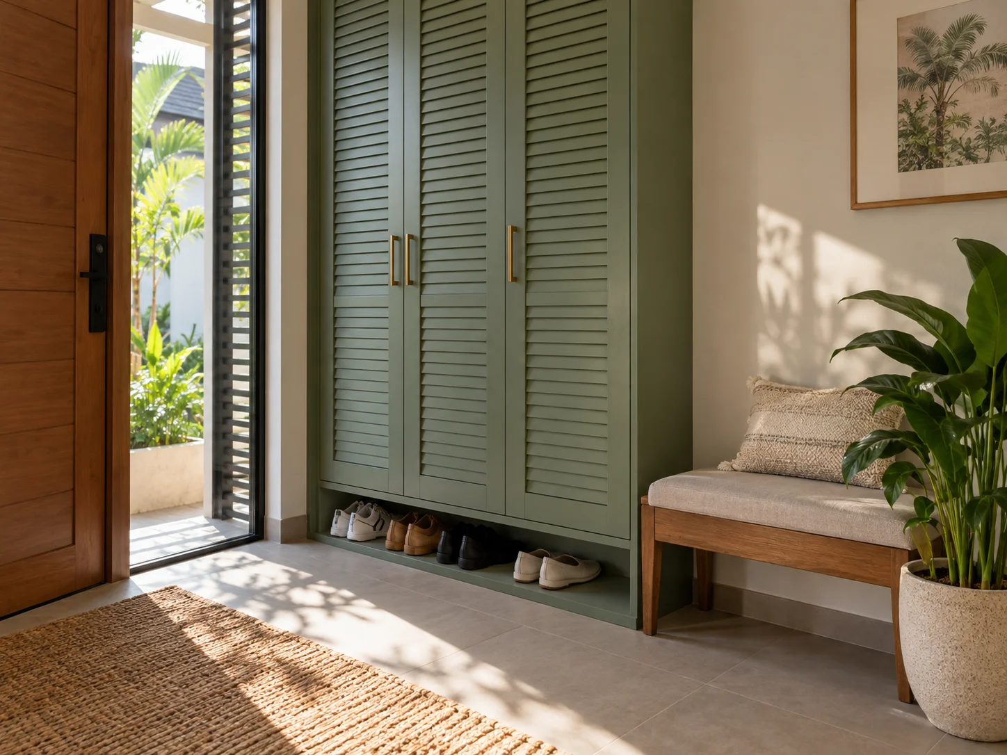 Slim built-in shoe cabinet with louvred ventilated doors and an open bottom gap in a Malaysian home entryway