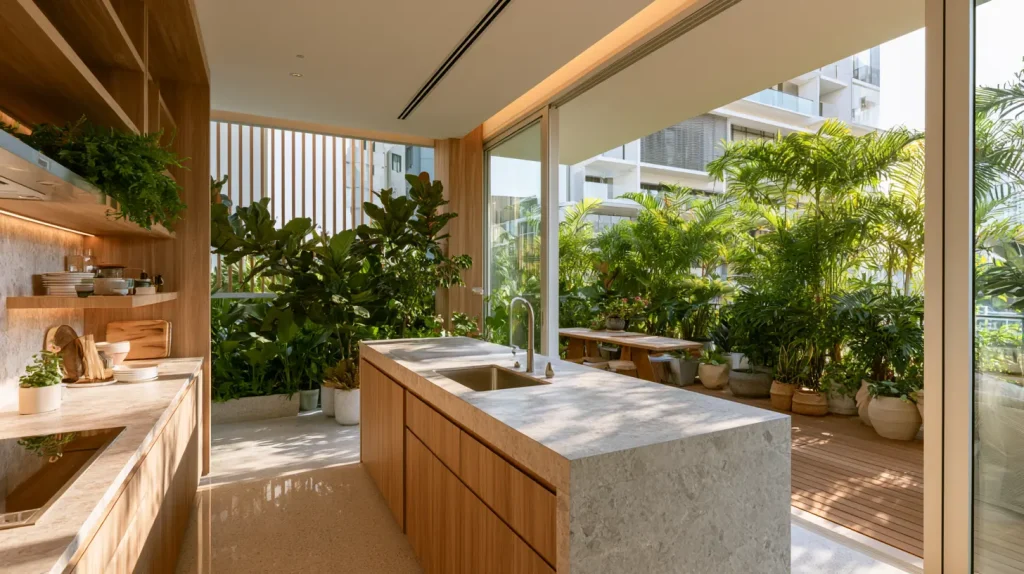 Malaysian condo kitchen prep zone with sightline to a lush tropical balcony through sliding glass doors
