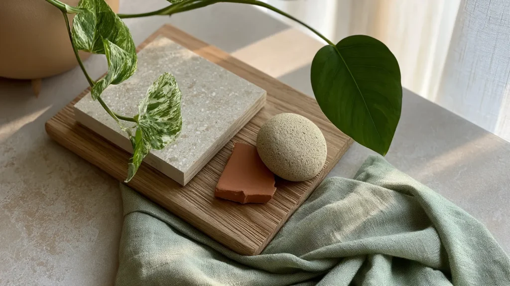 Biophilic kitchen mood board with stone, timber, greenery, and earthy tones for a Malaysian home