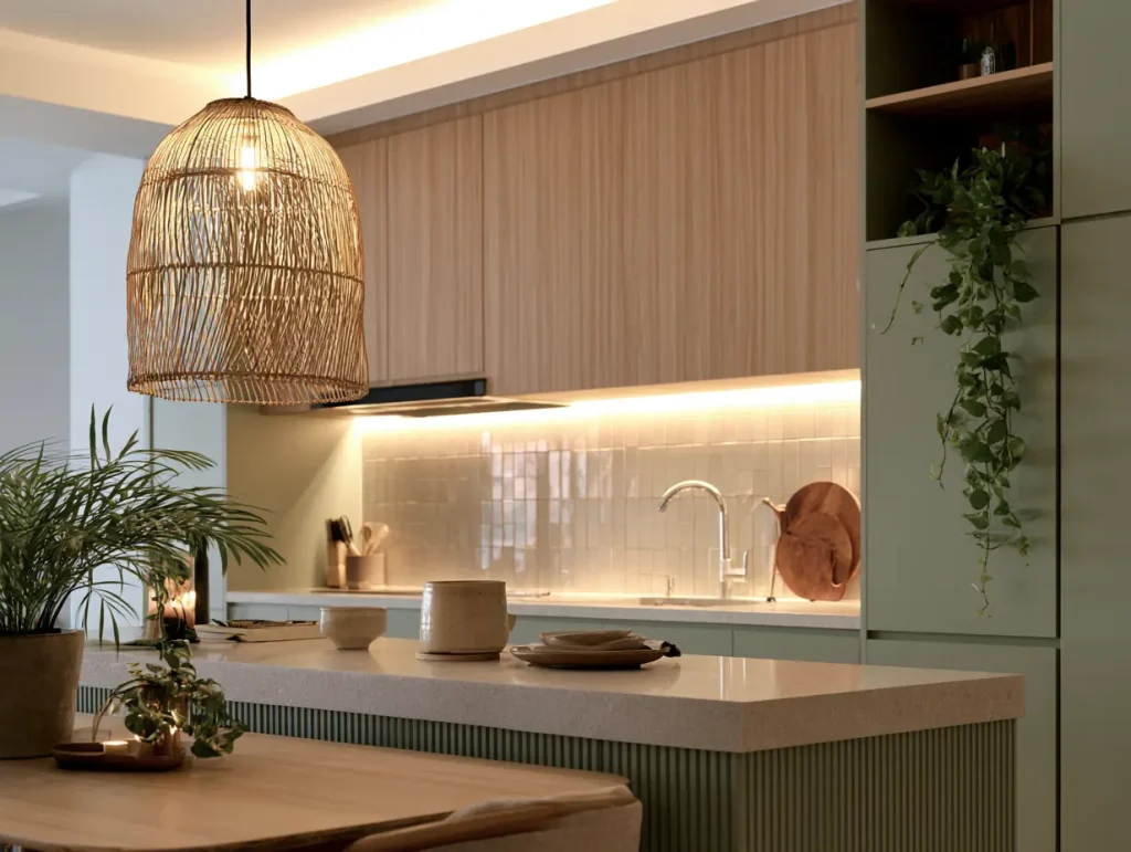 Rattan pendant light and warm under-cabinet LED strips illuminating a biophilic Malaysian kitchen