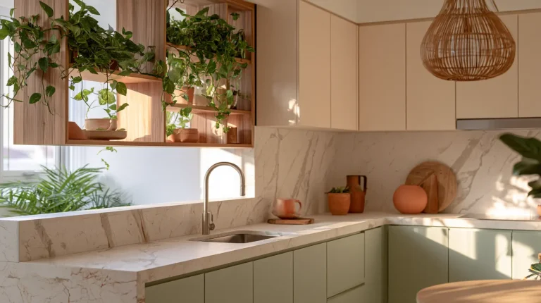 Biophilic kitchen in a Malaysian condo with stone countertop, open shelving, and indoor plants