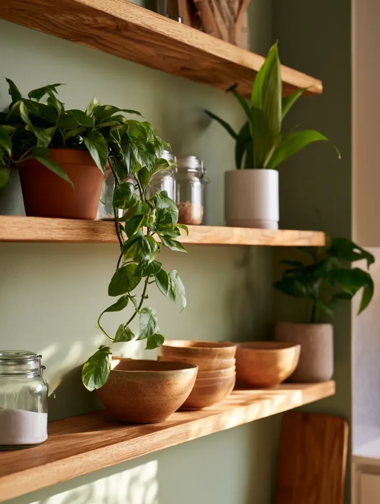 Open timber shelves in a Malaysian kitchen with pothos, pandan plant, and earthy ceramic accessories