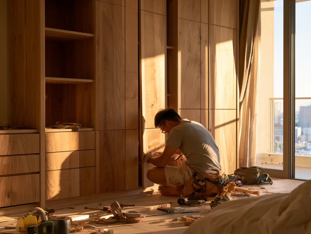 Carpenter installing custom built-in wardrobe in a Malaysian bedroom during a home renovation