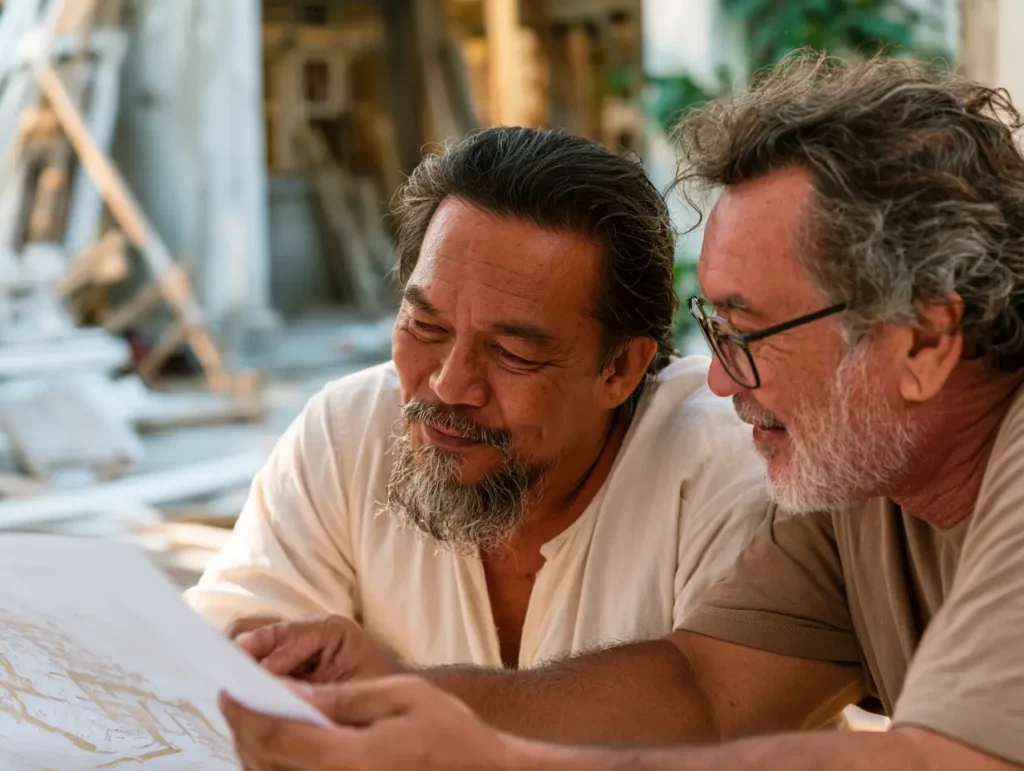 Malaysian homeowner and contractor reviewing renovation plans at a construction site
