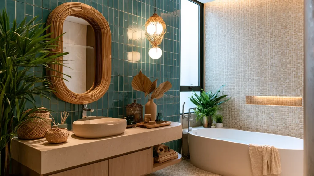 Full view of a coastal boho bathroom in a Malaysian condo with rattan mirror and stone basin vanity