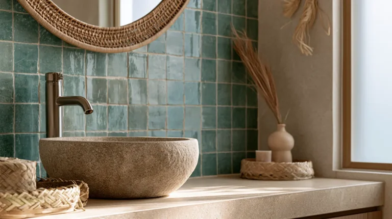 Coastal boho bathroom in a Malaysian condo with natural stone basin and sea-toned tiles