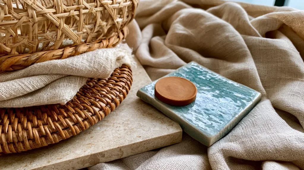 Coastal boho mood board with stone, rattan, pandan weave, and sea-toned tile swatches for Malaysian homes