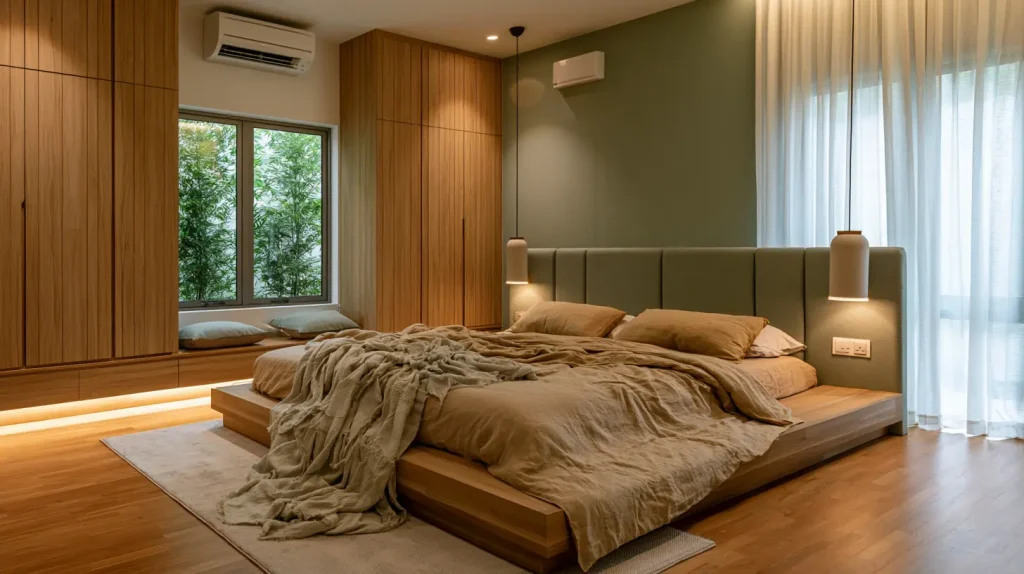 Completed tropical modern bedroom renovation in a Malaysian home with timber accents and warm lighting
