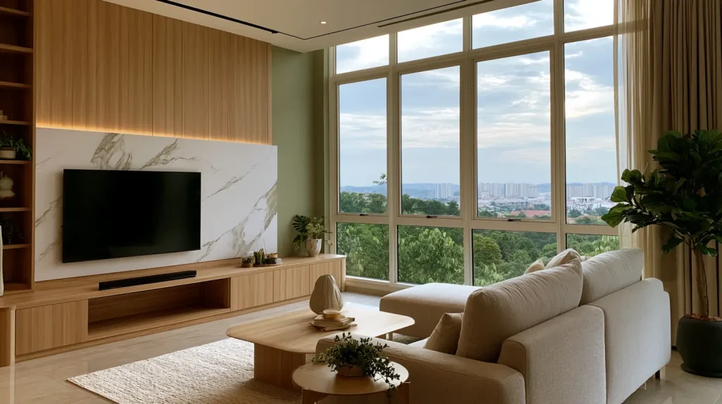 Completed modern Malaysian condo living room interior ready for handover, with warm sage and timber tones
