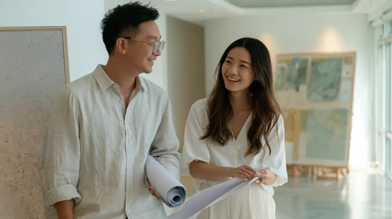 Malaysian contractor with blueprints beside an interior designer showing mood boards during a condo renovation