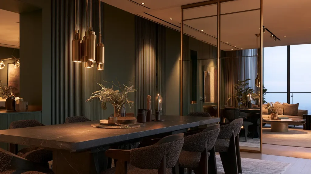 Full view of a dark moody dining room in a Malaysian condo with stone table, brass pendant, and mirror