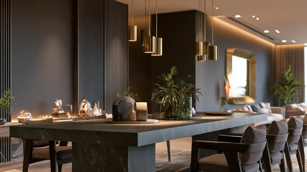 Dark moody dining room in a Malaysian condo with deep charcoal walls and warm pendant lighting
