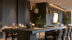 Dark moody dining room in a Malaysian condo with deep charcoal walls and warm pendant lighting