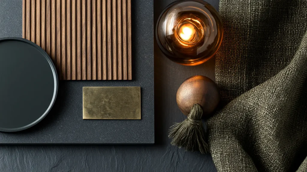 Dark moody interior design mood board with charcoal, brass, and stone swatches for Malaysian dining rooms