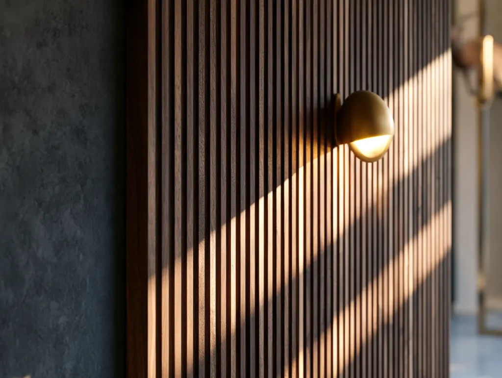 Fluted dark timber feature wall panel in a moody Malaysian dining room with warm directional lighting
