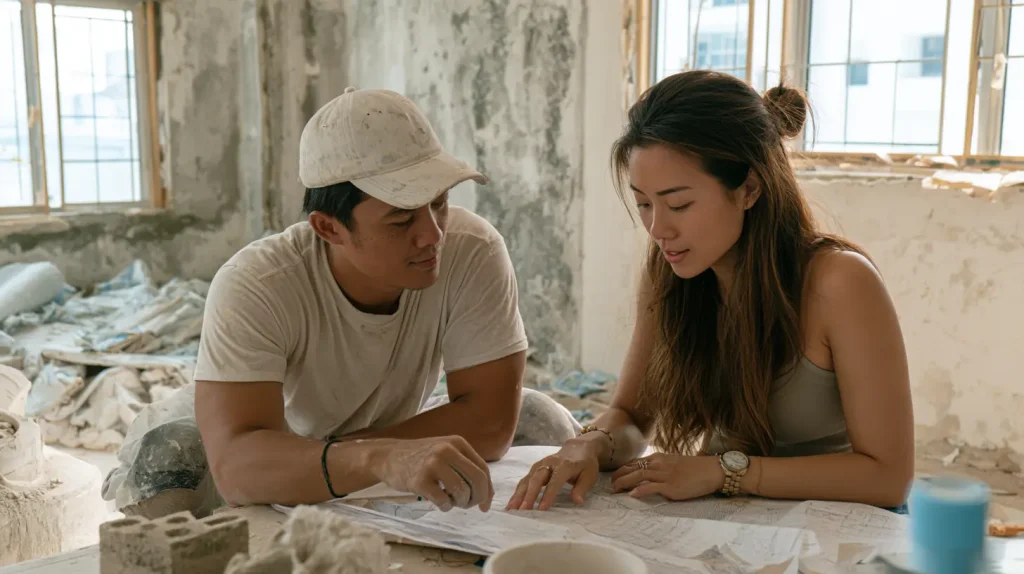 Renovation team reviewing site drawings in a Malaysian condo mid-renovation, contractor and designer on site together