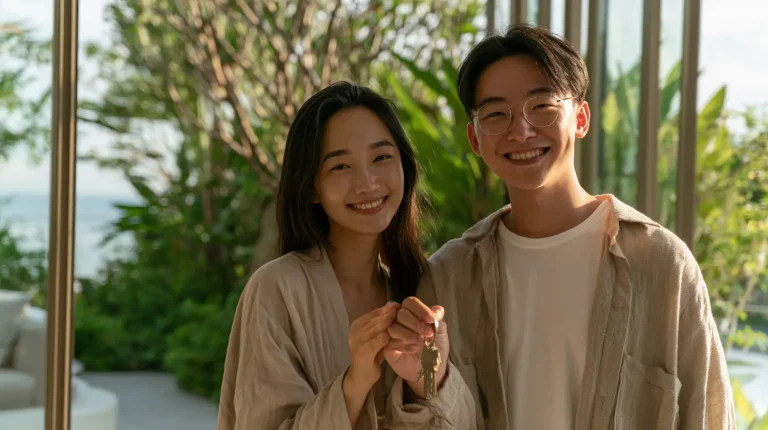 Malaysian couple holding house keys outside their new condo unit, smiling