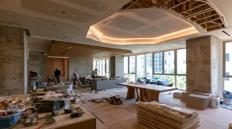 Wide view of a Malaysian home mid-renovation with multiple trades working across rooms simultaneously
