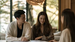 Malaysian couple reviewing an interior design contract with their ID at a consultation table