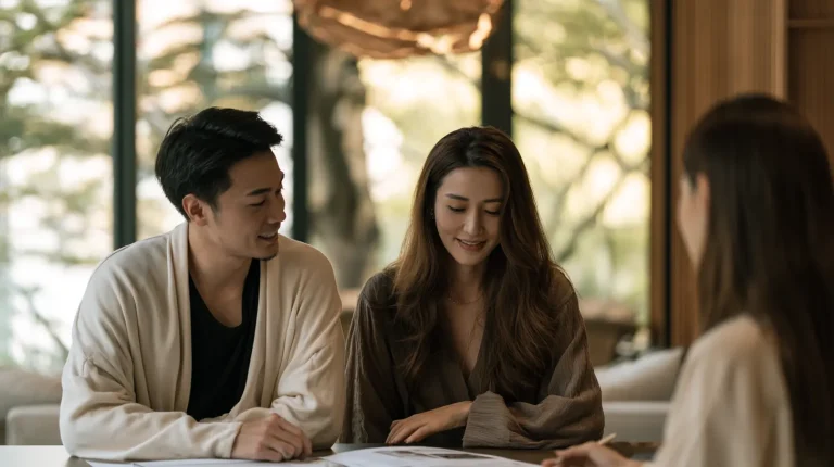 Malaysian couple reviewing an interior design contract with their ID at a consultation table