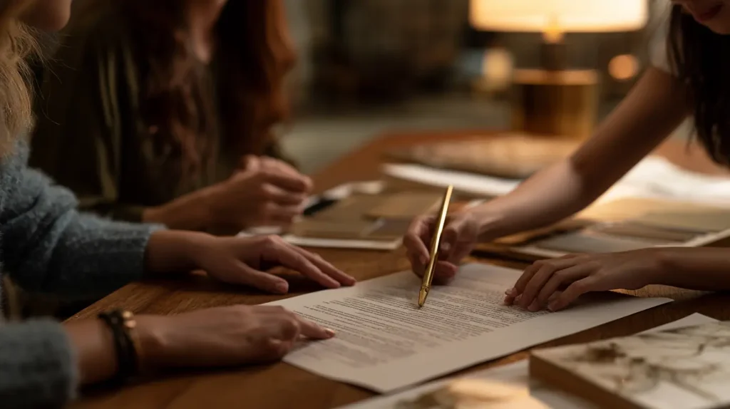 Malaysian homeowners reviewing and signing an interior design contract with a designer at a meeting table