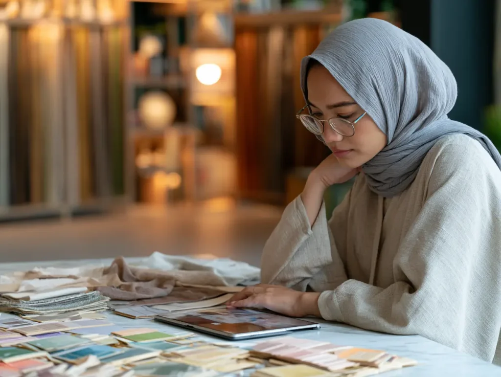 Malaysian homeowner browsing an interior designer's project portfolio on a tablet in a showroom