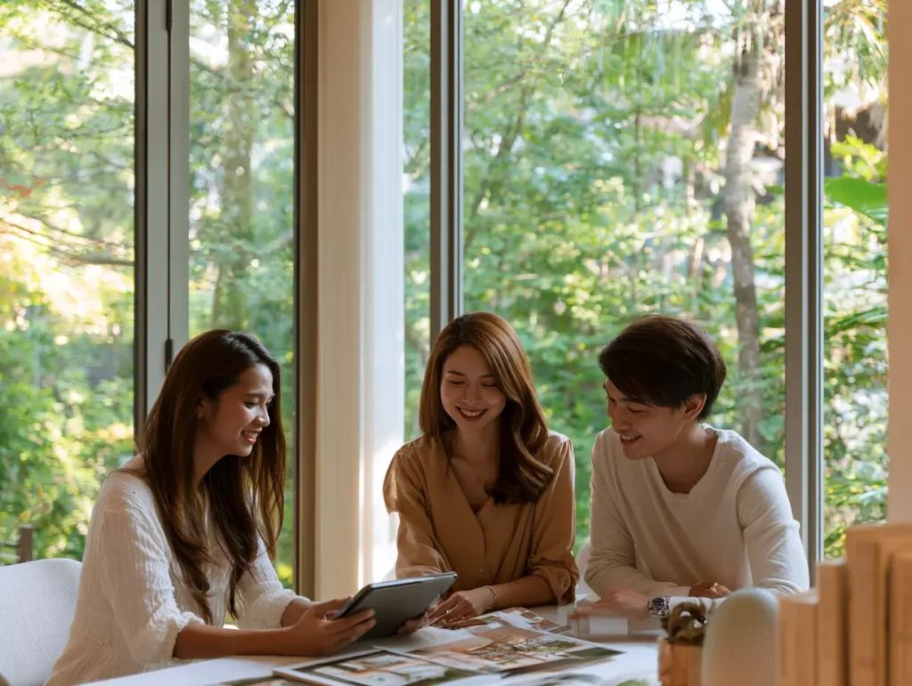 Interior designer presenting a completed project portfolio to a Malaysian homeowner couple during a consultation