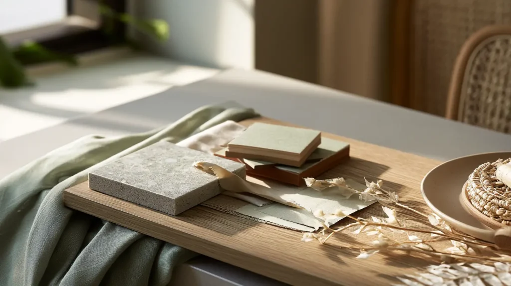 Japandi style mood board with natural stone, timber, and sage tones for Malaysian homes