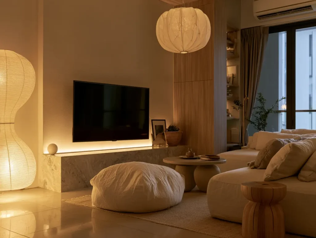 Warm pendant lighting layered with a floor lamp in a Japandi condo living room