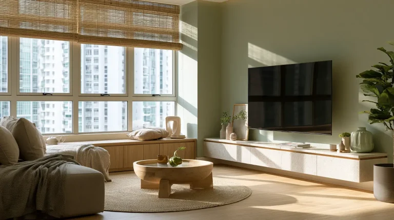 Japandi living room in a Malaysian condo with stone TV console and bamboo blinds