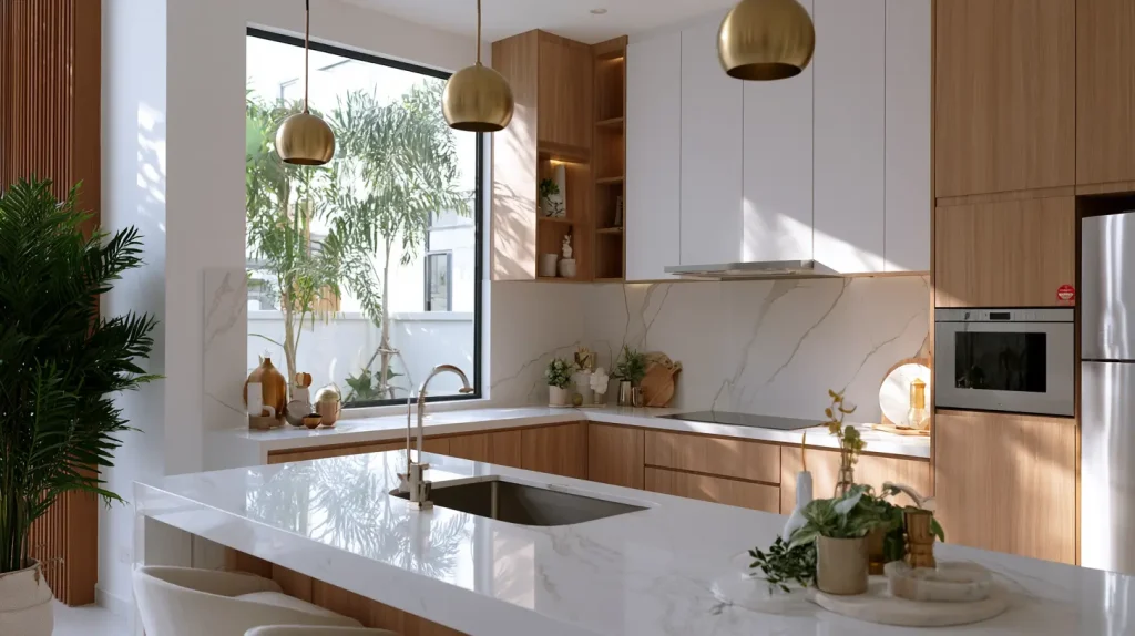 Newly completed Malaysian kitchen with white stone countertop, oak cabinetry, and pendant lighting
