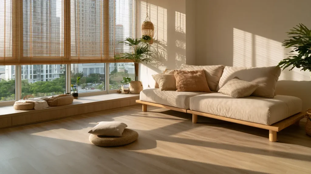 Light oak SPC vinyl flooring in a Malaysian condo living room with Japandi furniture