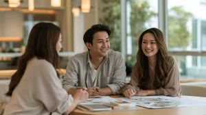 Malaysian couple meeting an interior designer in a modern consultation room, reviewing design samples together