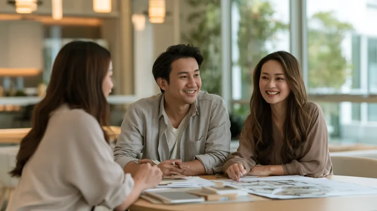 Malaysian couple meeting an interior designer in a modern consultation room, reviewing design samples together
