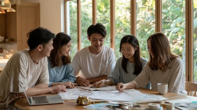 Malaysian family reviewing renovation plans and checklist at home dining table