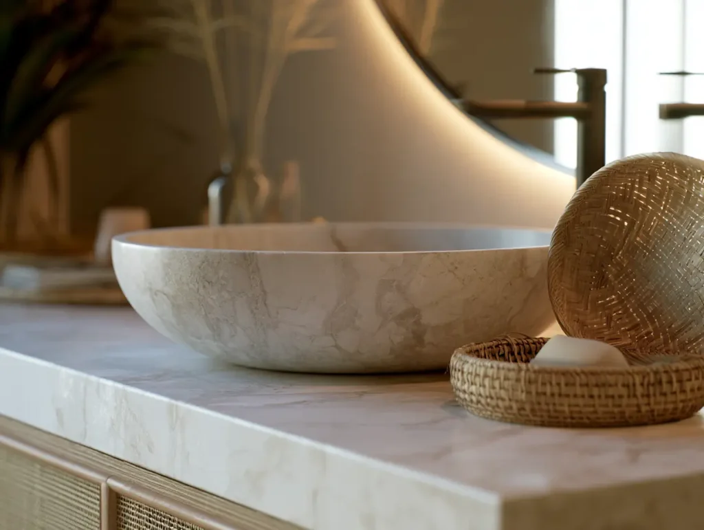 natural stone basin countertop on a coastal boho vanity in a Malaysian condo bathroom