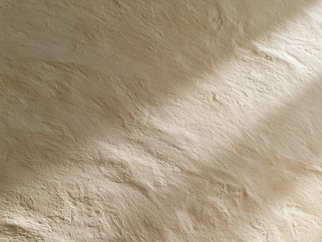 Warm neutral limewash wall finish in a quiet luxury Malaysian master bedroom with soft directional light