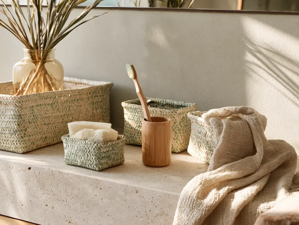 Malaysian pandan-weave baskets and woven accessories on a coastal boho bathroom vanity countertop