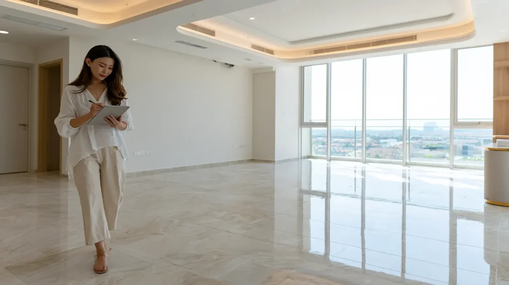 Malaysian homeowner doing post-renovation walkthrough inspection in newly completed living room