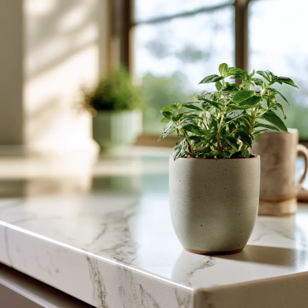 Close-up of white quartz stone countertop surface in a modern Malaysian kitchen