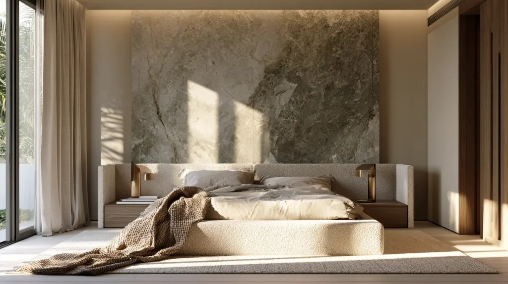 Full view of a neutral quiet luxury master bedroom in a Malaysian home with stone feature wall, upholstered headboard, and linen bedding