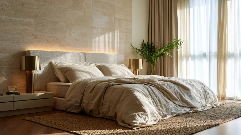 Quiet luxury master bedroom in a Malaysian condo with neutral tones, stone feature wall, and upholstered headboard
