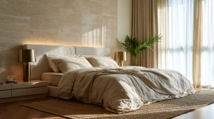 Quiet luxury master bedroom in a Malaysian condo with neutral tones, stone feature wall, and upholstered headboard