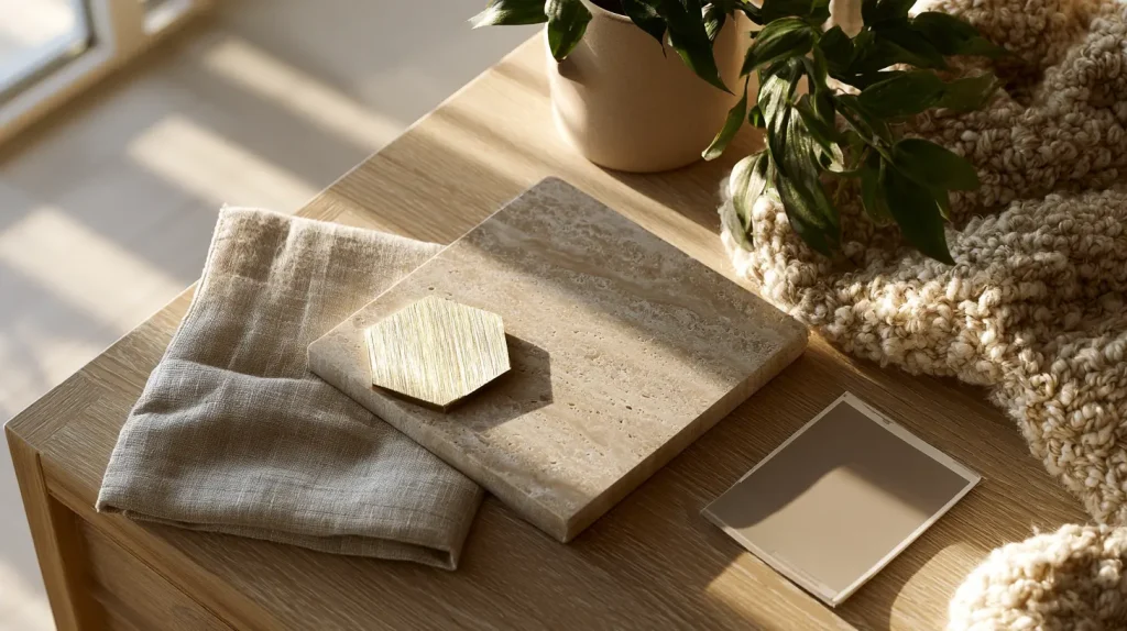 Quiet luxury interior design mood board with neutral stone, linen, and brass swatches for Malaysian bedrooms
