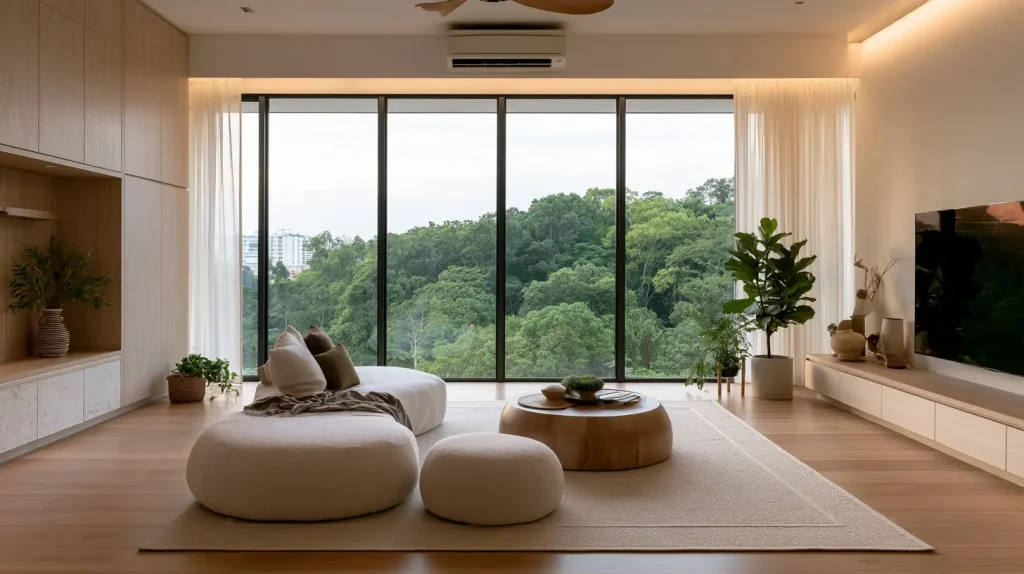 Newly renovated modern Malaysian condo living room with clean finishes and tropical light