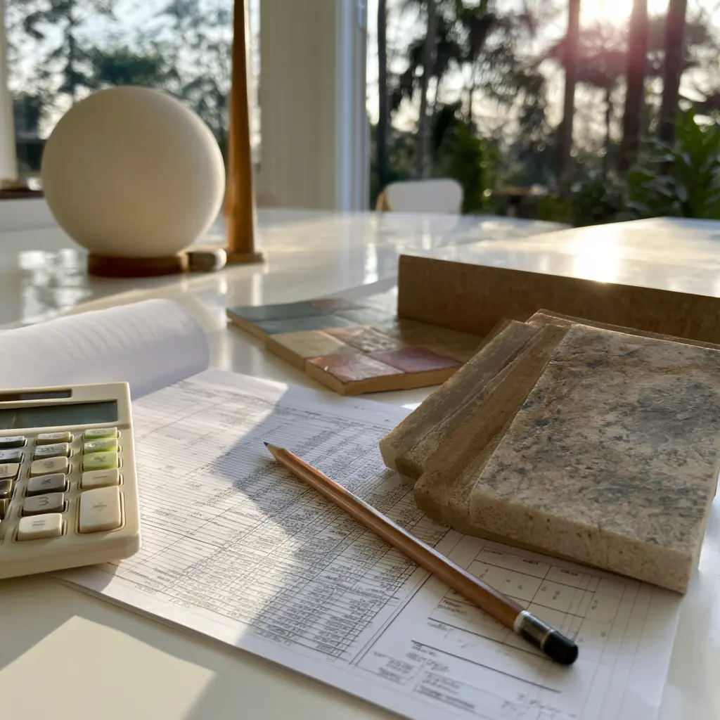 Close-up of renovation budget spreadsheet and material swatches on a Malaysian home desk