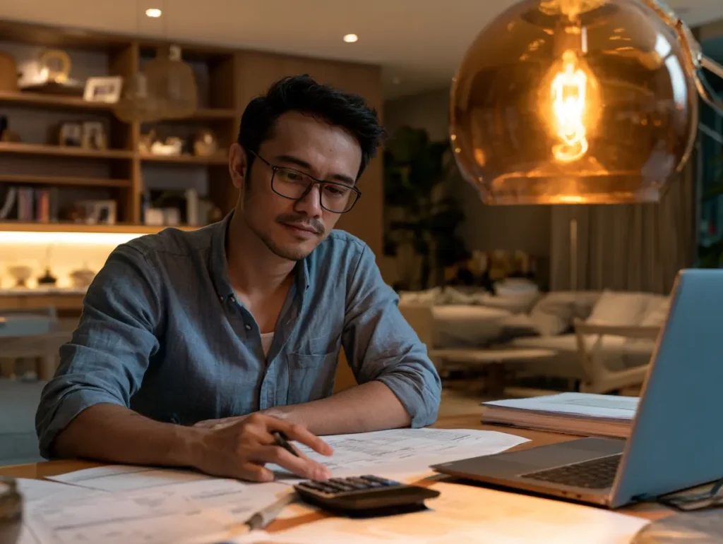 Malaysian homeowner reviewing renovation budget spreadsheet and quotation documents at desk