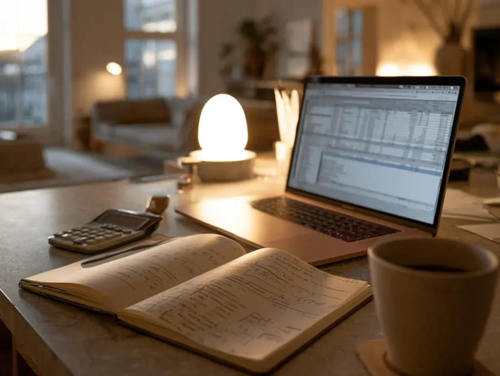 Renovation budget spreadsheet open on laptop next to a notebook with cost estimates