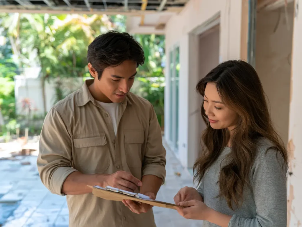 Malaysian contractor reviewing renovation schedule on-site while discussing progress with homeowner