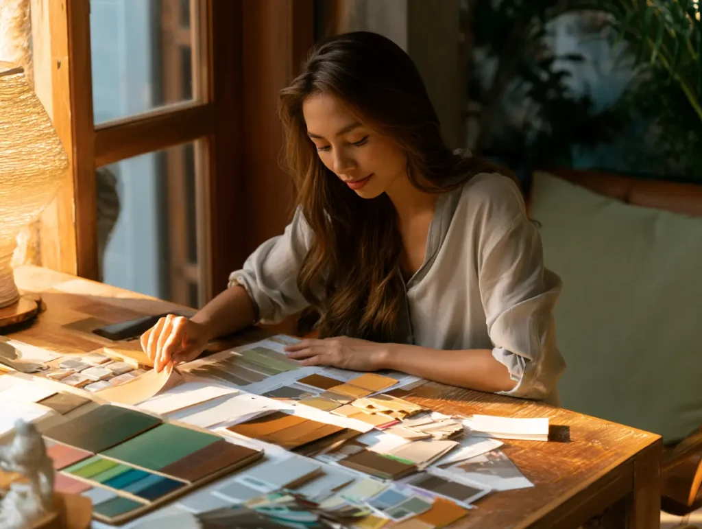 Malaysian homeowner reviewing renovation mood board and design samples at a table